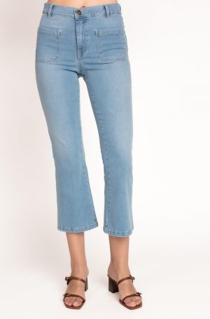 Pantalón Berta de mujer con corte campana y tiro alto en color azul de Cms Love.