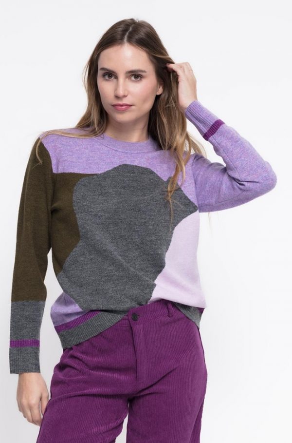Detalle del patchwork delantero del Jersey Jezabel Cms Love en tonos morado, lila y gris