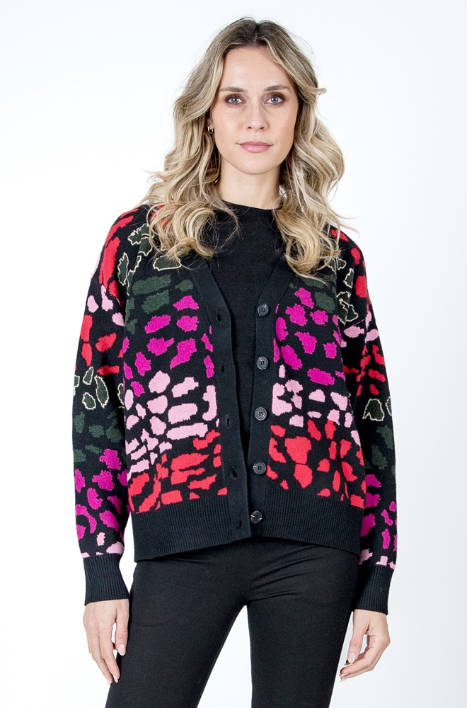 Cárdigan Cardy de Lylu Wear en punto negro con print multicolor y cierre de botones.