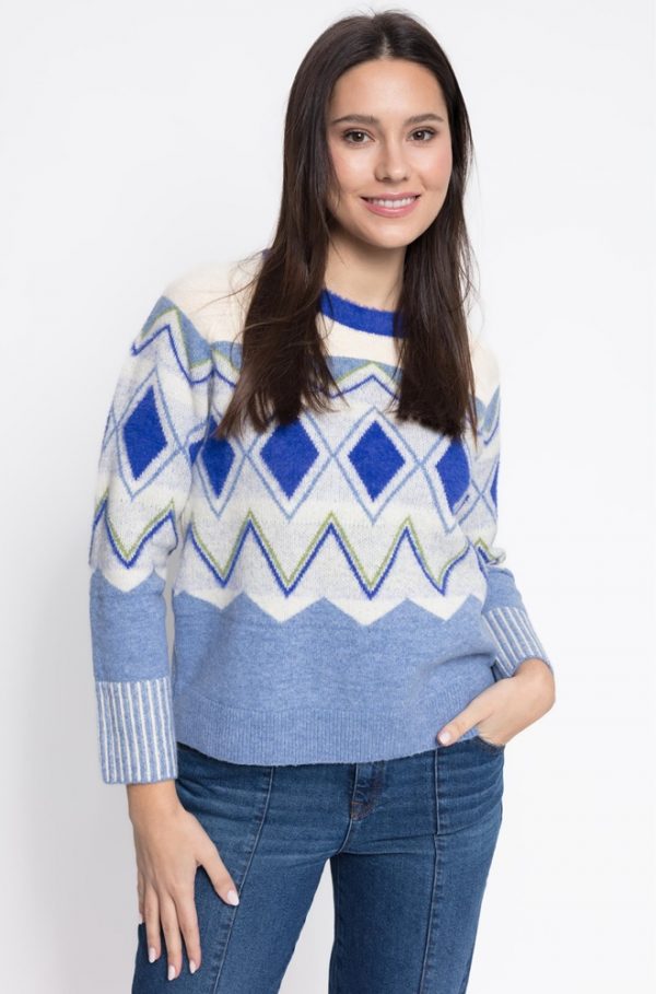 Jersey Paola de Cms Love en color celeste con cenefa geométrica de rombos en blanco y azul klein.