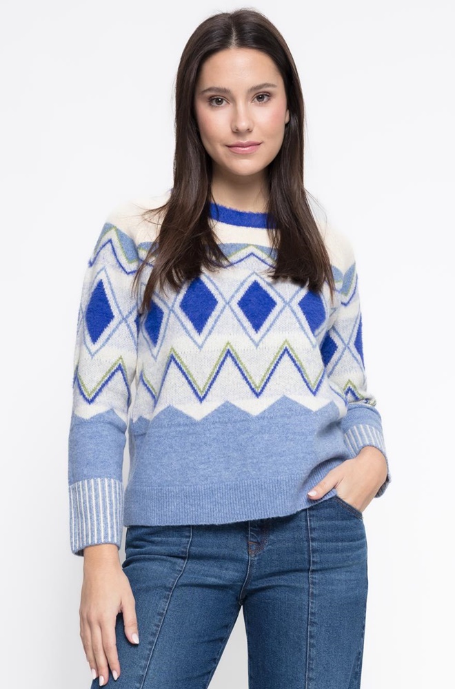 Jersey Paola de Cms Love en color celeste con cenefa geométrica de rombos en blanco y azul klein.