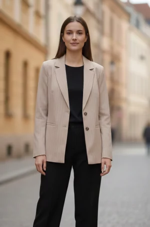 Blazer mujer rayas diplomáticas tostado corte entallado vista frontal