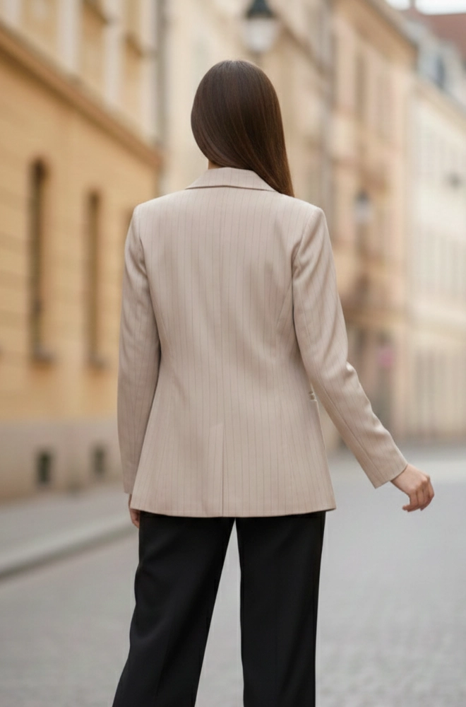 Blazer mujer rayas diplomáticas tostado vista trasera corte entallado con costadillos