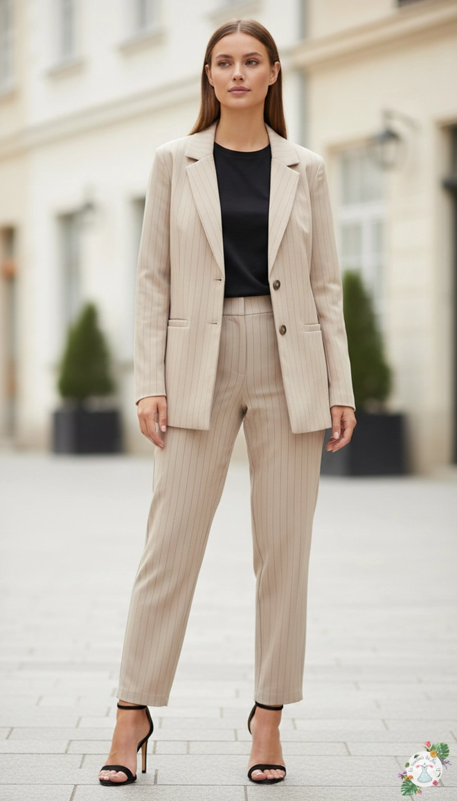 Blazer mujer rayas diplomáticas tostado corte entallado vista frontal