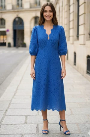 Vestido largo 3/4 azul bordado inglés algodón vista frontal