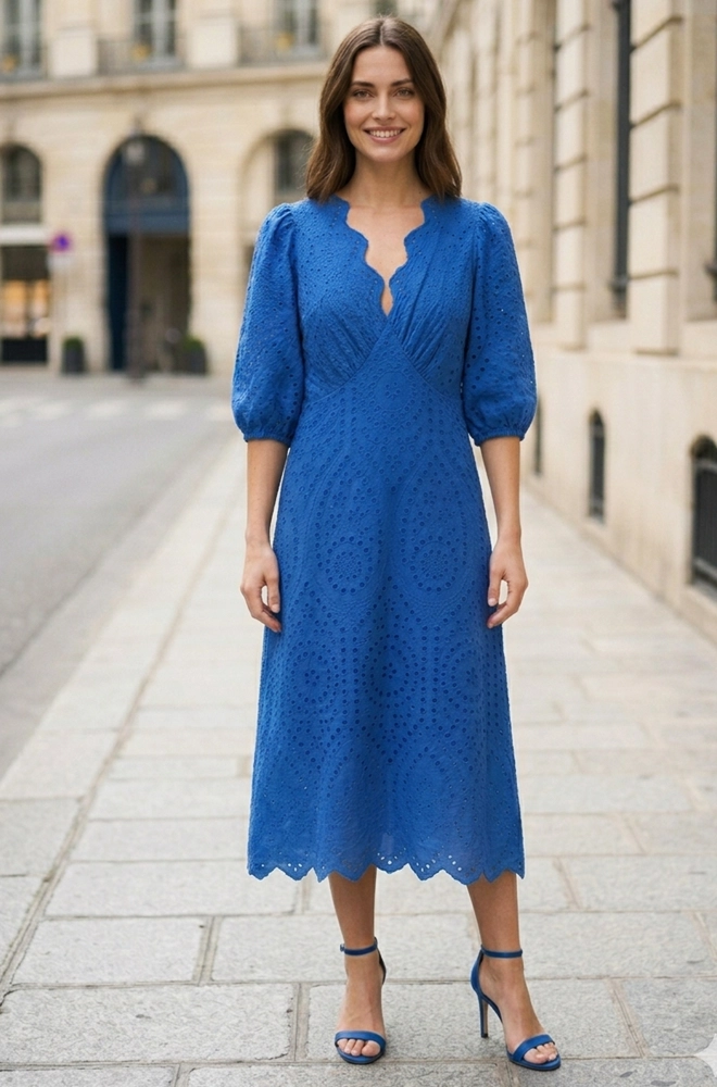 Vestido largo 3/4 azul bordado inglés algodón vista frontal