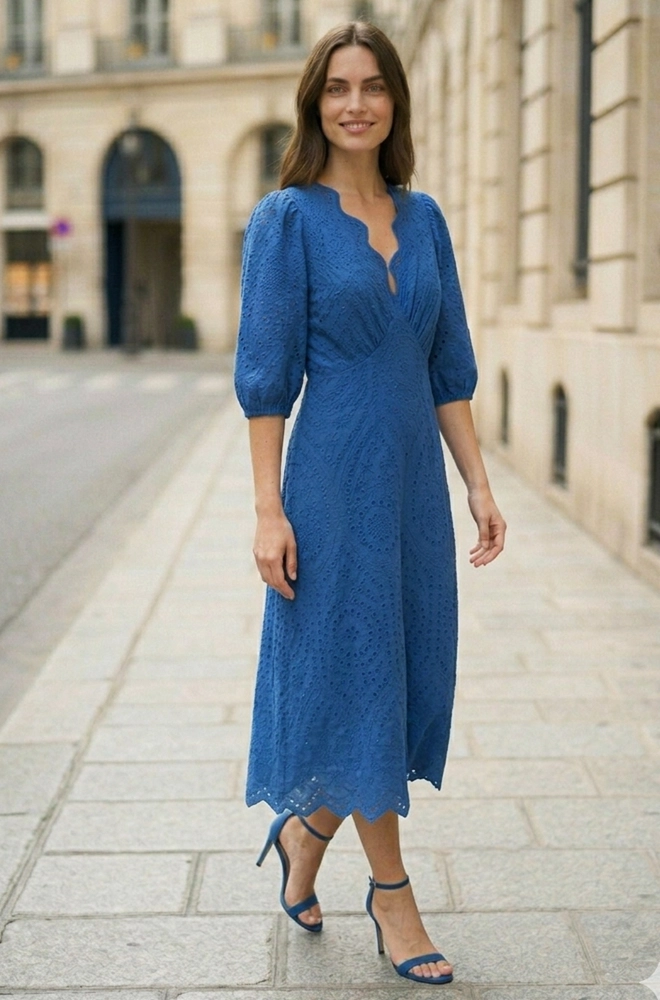 Vestido largo 3/4 azul bordado inglés algodón vista frontal