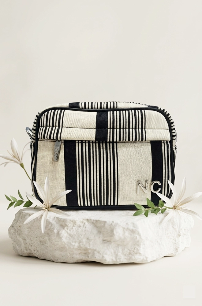 bolso bandolera rayas negro crema Noco frontal