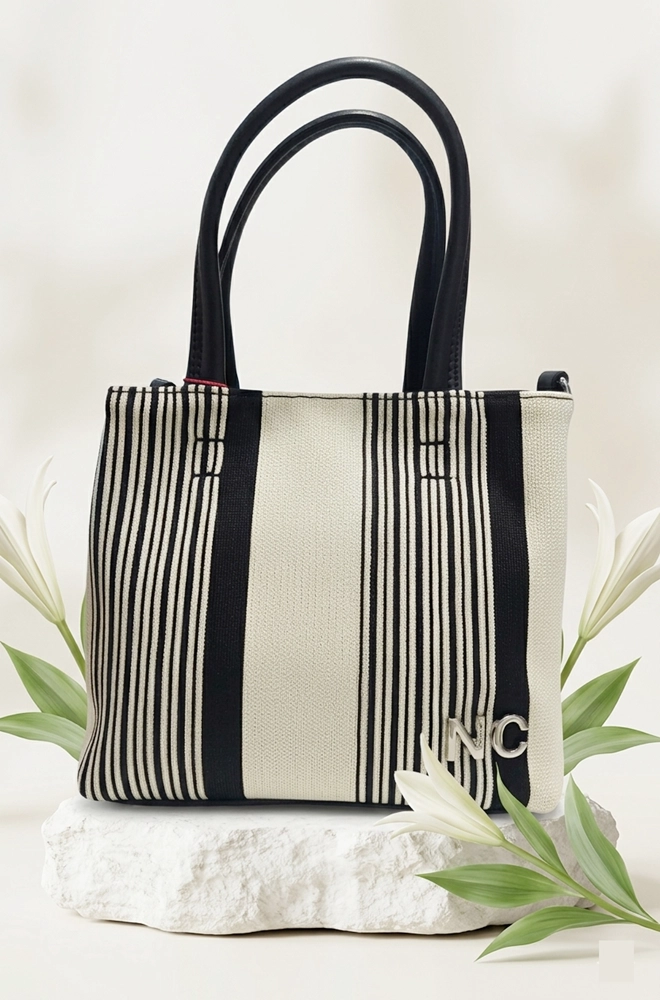 bolso tote mini rayas negro crema Noco frontal