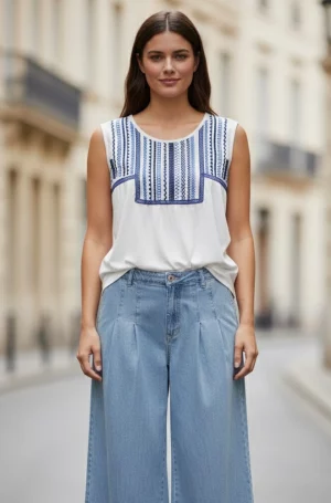 Camiseta mujer blanca bordado azul geométrico vista frontal