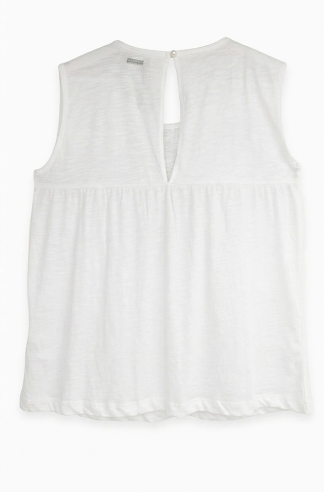 Detalle espalda camiseta blanca mujer fruncido y cierre botón