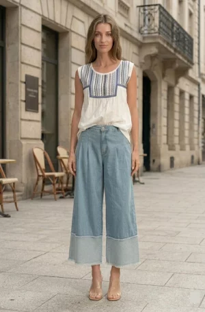 Vaquero culotte mujer tiro alto azul medio vista frontal