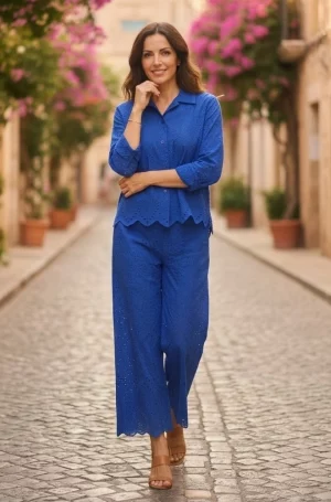 pantalón azul bordado inglés mujer Lylu Drop pernera ancha