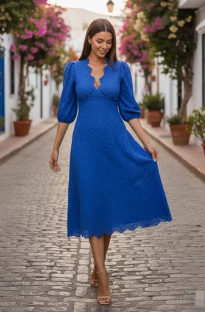 Vestido largo 3/4 azul bordado inglés algodón vista frontal