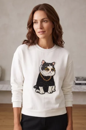 sudadera blanca mujer Lylu Badajoz gato pedreria