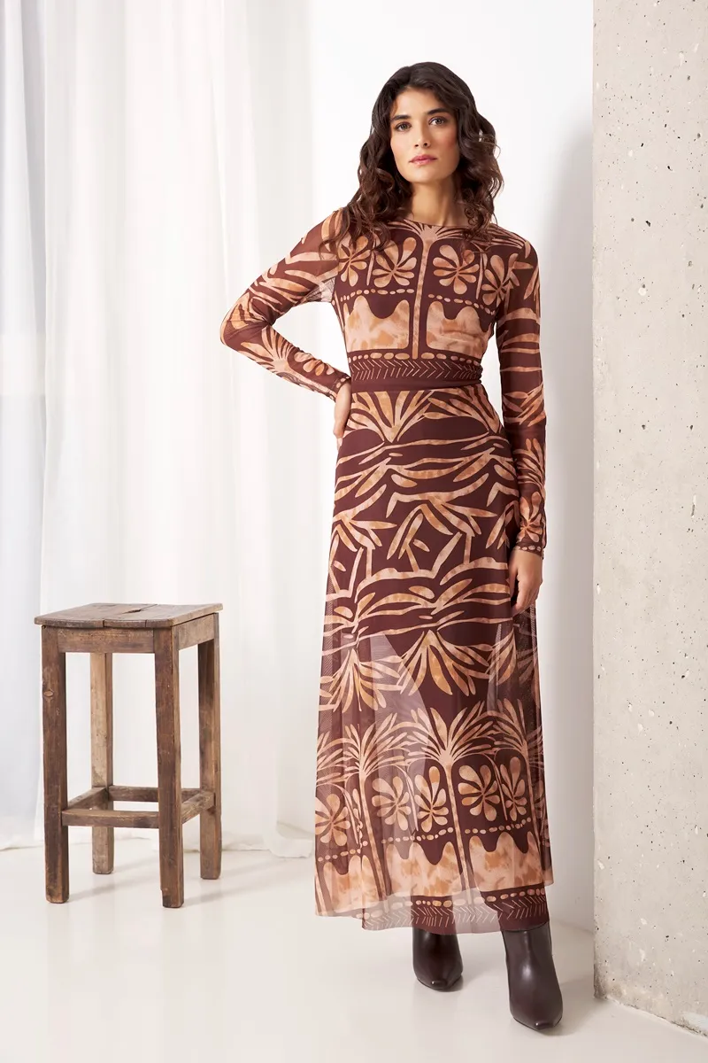 vestido largo estampado Tarancón de Lylu marrón beige