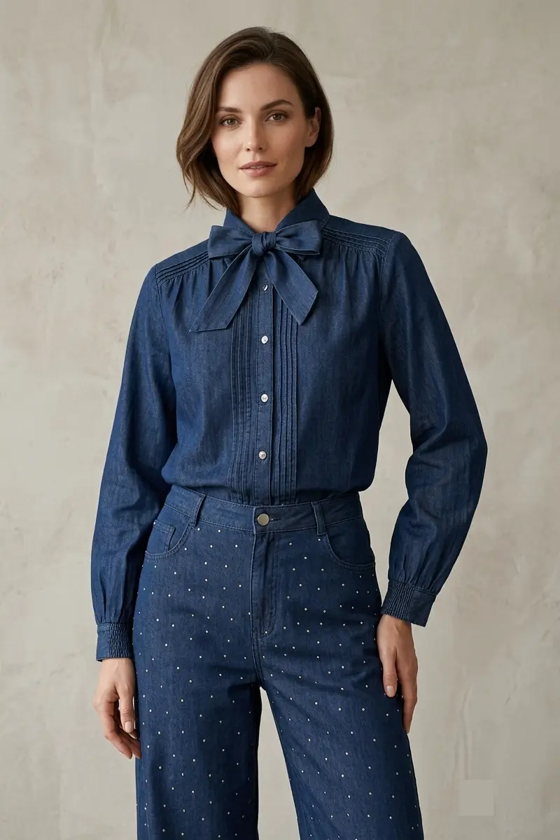 Camisa denim mujer Cms Meridit azul con lazada