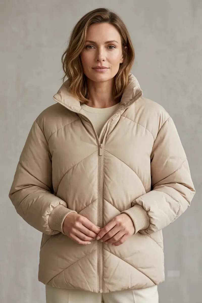 Chaqueta acolchada beige con cuello chimenea abierto
