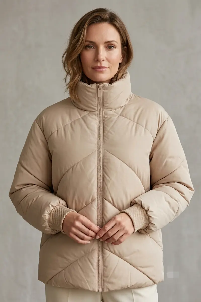 Chaqueta acolchada beige con cuello chimenea