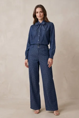 Pantalón denim mujer Cms Meridit azul marino con strass