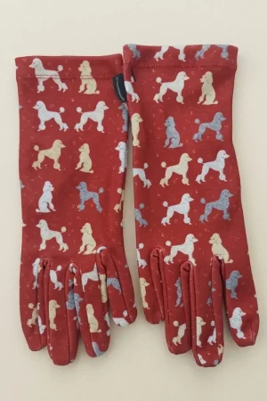 Guantes de mujer Cani Attaversiamo color rojizo con estampado de caniches, vista frontal