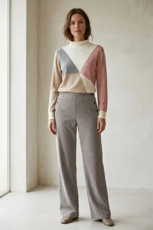 Pantalón de pana mujer Cms Evelyn gris perla combinado con jersey estampado